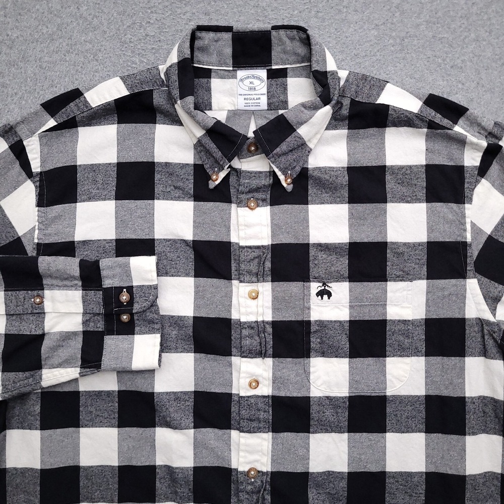 Brooks Brothers Flannel Shirt Mens XL Regular Fit Black White Plaid Button Down